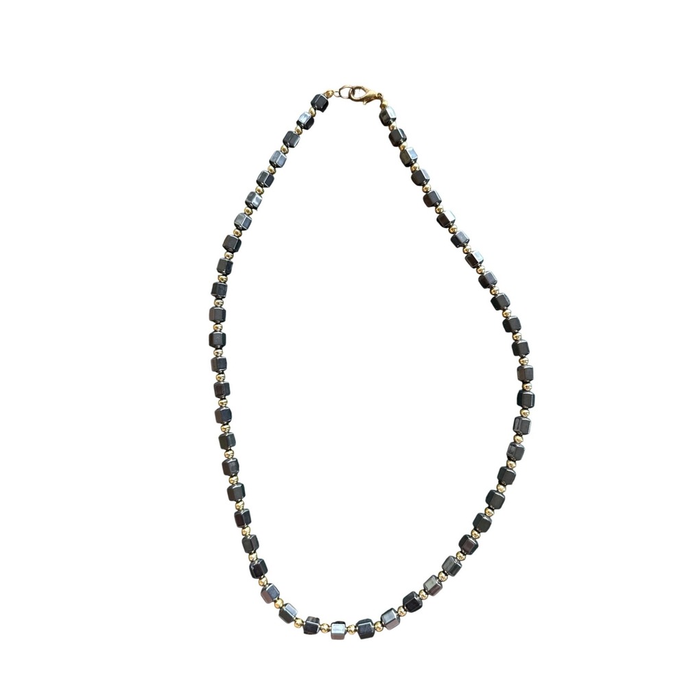 Hematite Cube Bead Necklace‎ Gold Tone Spacers Geometric Minimalist 16 Inch